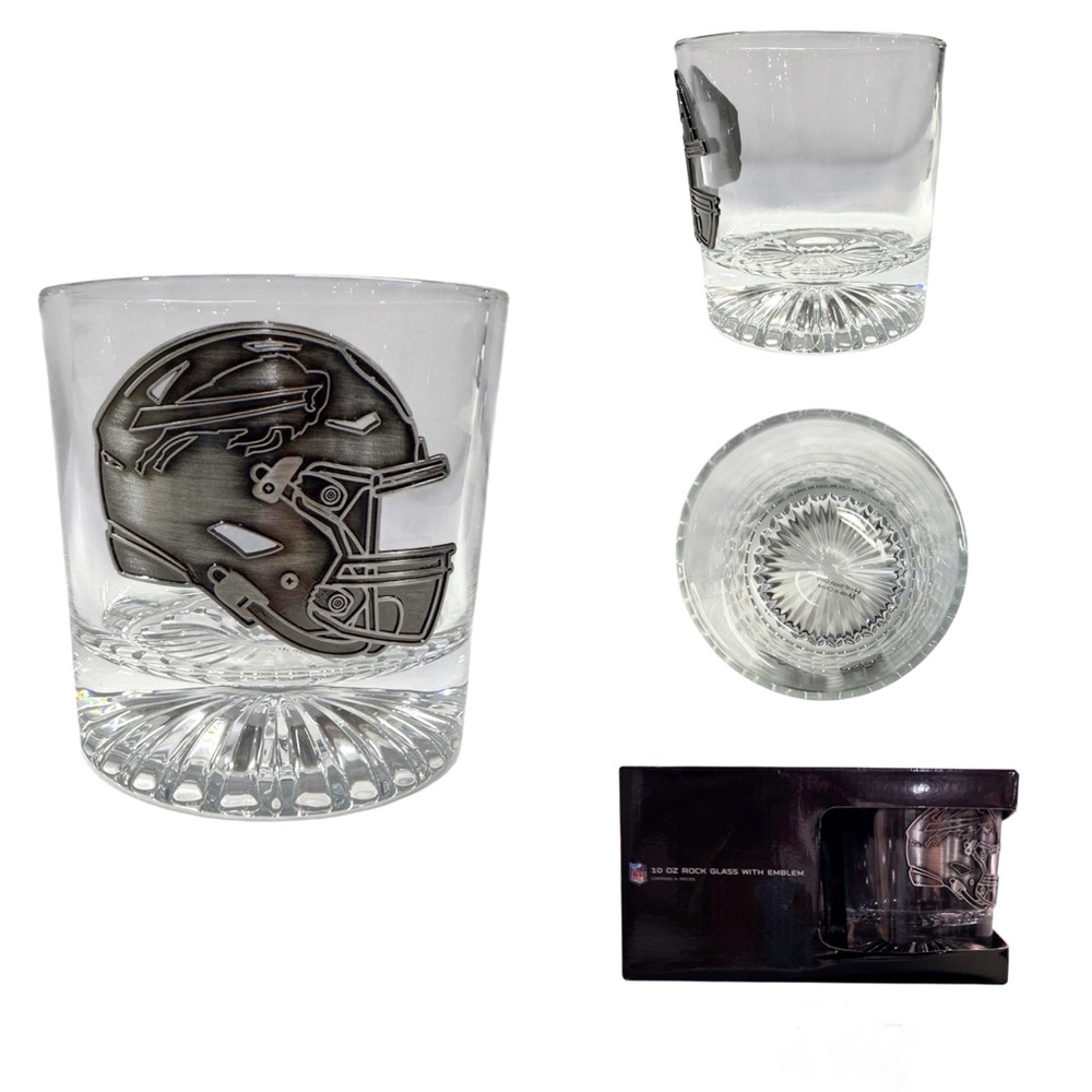 Set of 4 NFL Whiskey Glasses with Metal Football Helmet Buffalo Bills Emblem
